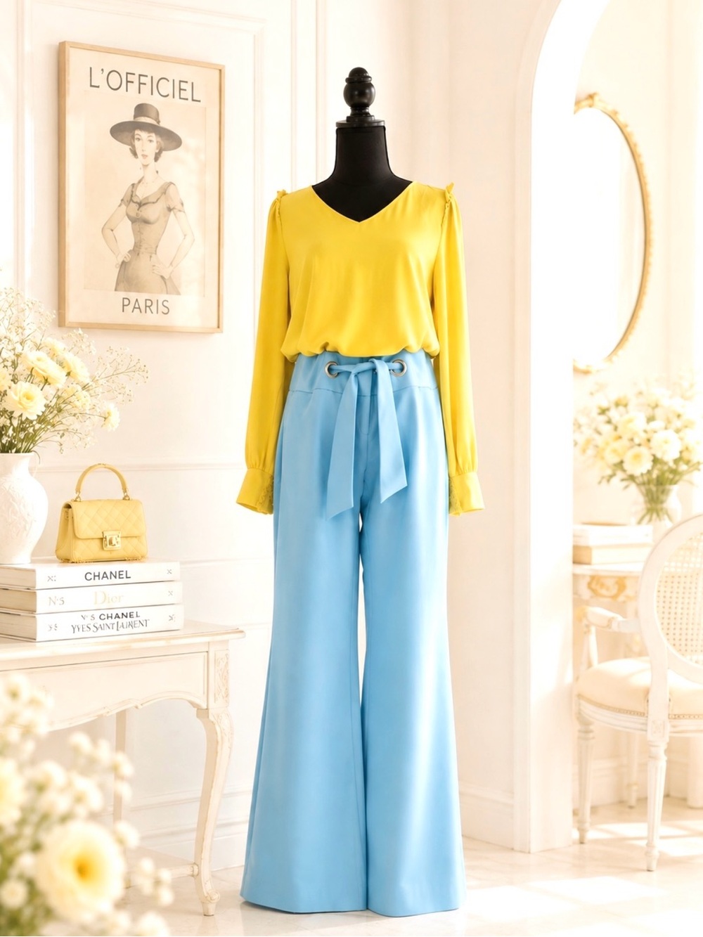 CACHE Turquoise Flared Pants with Tie Waist Detail and Silver Toned Grommets